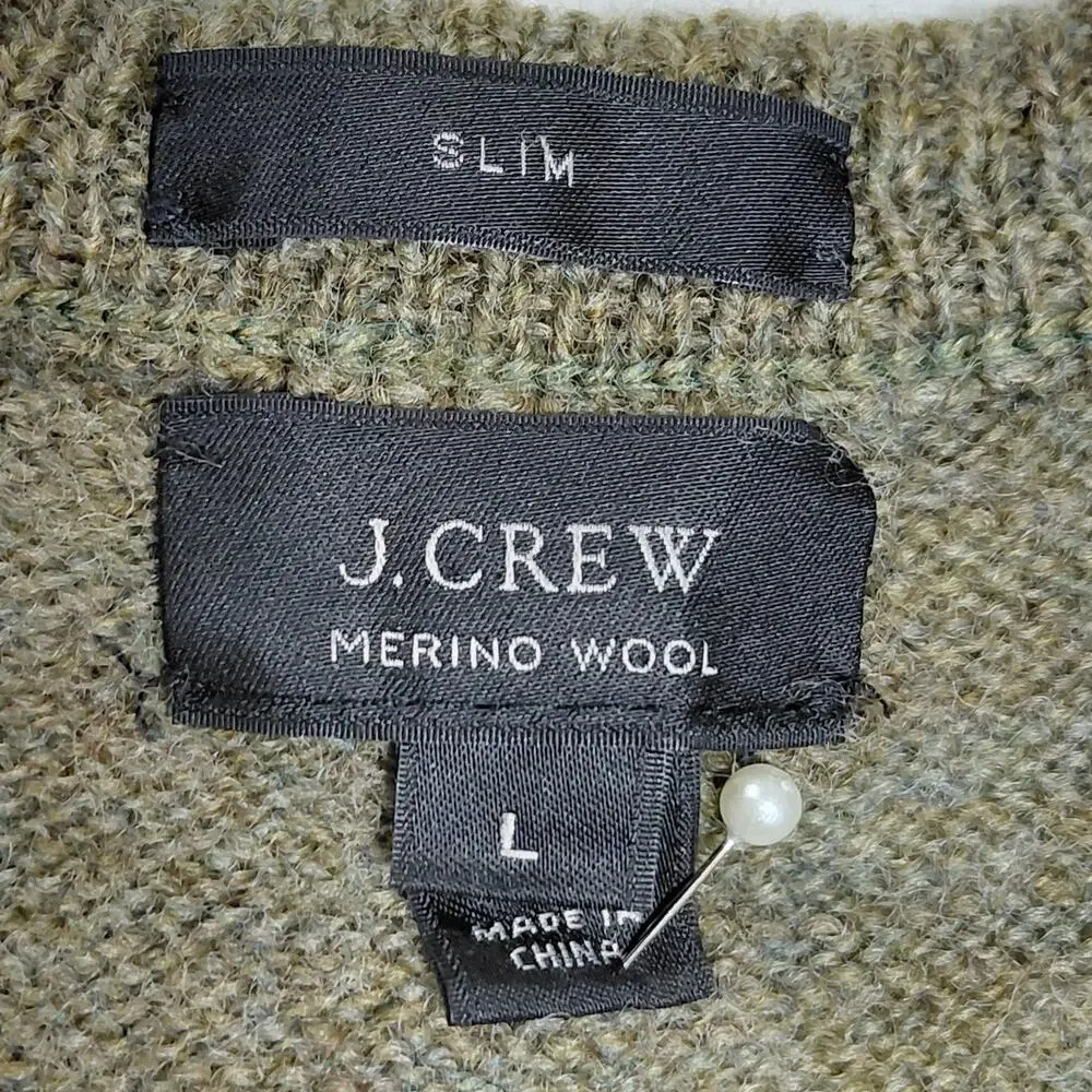 J.Crew Slim Wool Olive Green Cable Knit Crew Neck Sweater Men Size L